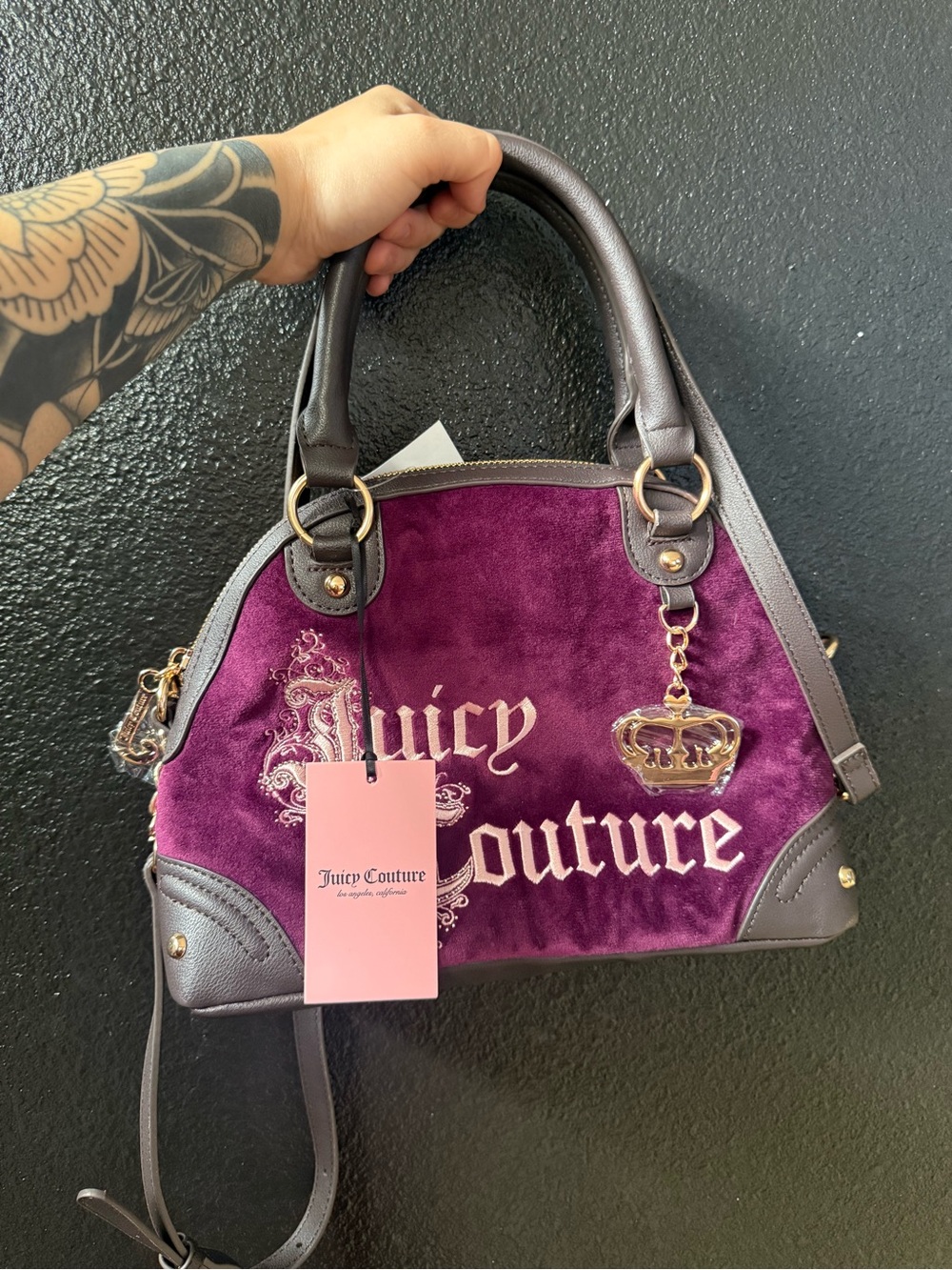 Juicy Couture Plum Velvet Satchel with Brown Leather Trim
